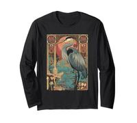 Reiher mit Sonnenuntergang und floralem Jugendstil Kranich Bird Langarmshirt