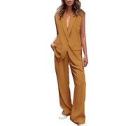 REINNAT Ärmellose Anzugweste und Hose mit weitem Bein für Damen, Business-Casual-Blazer-Set, Braun / Gelb, L