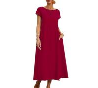 REINNAT Baumwollkleider für Damen, kurzärmelig, Maxikleid, lässig, fließend, plissiert, Sommerkleider mit Taschen (B-Red, 2XL)