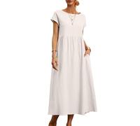 REINNAT Baumwollkleider für Damen, kurzärmelig, Maxikleid, lässig, fließend, plissiert, Sommerkleider mit Taschen, B-weiß, L
