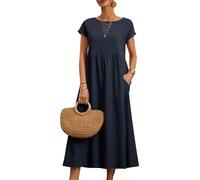 REINNAT Baumwollkleider für Damen, kurzärmelig, Maxikleid, lässig, fließend, plissiert, Sommerkleider mit Taschen (B-Dunkelblau, 2XL)