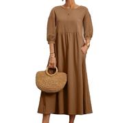 REINNAT Baumwollkleider für Damen, kurzärmelig, Maxikleid, lässig, fließend, plissiert, Sommerkleider mit Taschen, A-braun, X-Large