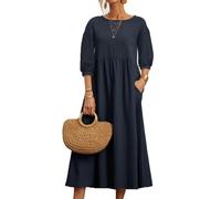 REINNAT Baumwollkleider für Damen, kurzärmelig, Maxikleid, lässig, fließend, plissiert, Sommerkleider mit Taschen (A-Dunkelblau, L)