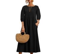 REINNAT Baumwollkleider für Damen, kurzärmelig, Maxikleid, lässig, fließend, plissiert, Sommerkleider mit Taschen (A-Schwarz, XL)