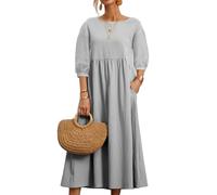 REINNAT Baumwollkleider für Damen, kurzärmelig, Maxikleid, lässig, fließend, plissiert, Sommerkleider mit Taschen (A-Silber, XL)