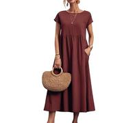 REINNAT Baumwollkleider für Damen, kurzärmelig, Maxikleid, lässig, fließend, plissiert, Sommerkleider mit Taschen (B-Weinrot, L)