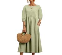 REINNAT Baumwollkleider für Damen, kurzärmelig, Maxikleid, lässig, fließend, plissiert, Sommerkleider mit Taschen, A - Hellgrün, M