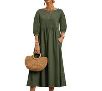 REINNAT Baumwollkleider für Damen, kurzärmelig, Maxikleid, lässig, fließend, plissiert, Sommerkleider mit Taschen, A-grün, S