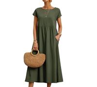 REINNAT Baumwollkleider für Damen, kurzärmelig, Maxikleid, lässig, fließend, plissiert, Sommerkleider mit Taschen (B-Grün, M)