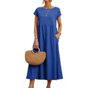 REINNAT Baumwollkleider für Damen, kurzärmelig, Maxikleid, lässig, fließend, plissiert, Sommerkleider mit Taschen, B- Blau, L