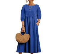 REINNAT Baumwollkleider für Damen, kurzärmelig, Maxikleid, lässig, fließend, plissiert, Sommerkleider mit Taschen, A- Blau, M