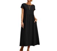 REINNAT Baumwollkleider für Damen, kurzärmelig, Maxikleid, lässig, fließend, plissiert, Sommerkleider mit Taschen (B-Schwarz, 2XL)