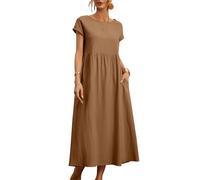 REINNAT Baumwollkleider für Damen, kurzärmelig, Maxikleid, lässig, fließend, plissiert, Sommerkleider mit Taschen (B-Khaki, Größe 2XL)