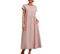 REINNAT Baumwollkleider für Damen, kurzärmelig, Maxikleid, lässig, fließend, plissiert, Sommerkleider mit Taschen (B-Pink, M)
