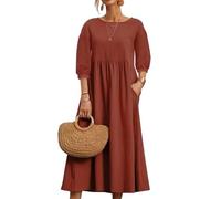 REINNAT Baumwollkleider für Damen, kurzärmelig, Maxikleid, lässig, fließend, plissiert, Sommerkleider mit Taschen, A-Wine Red, Medium