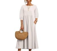 REINNAT Baumwollkleider für Damen, kurzärmelig, Maxikleid, lässig, fließend, plissiert, Sommerkleider mit Taschen (A-Weiß, XL)