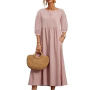 REINNAT Baumwollkleider für Damen, kurzärmelig, Maxikleid, lässig, fließend, plissiert, Sommerkleider mit Taschen (A-Pink, Größe 2XL)