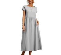 REINNAT Baumwollkleider für Damen, kurzärmelig, Maxikleid, lässig, fließend, plissiert, Sommerkleider mit Taschen (B-Silber, M)