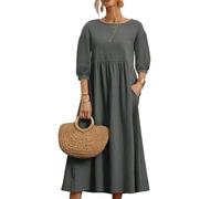 REINNAT Baumwollkleider für Damen, kurzärmelig, Maxikleid, lässig, fließend, plissiert, Sommerkleider mit Taschen (A-Dunkelgrau, Größe 2XL)