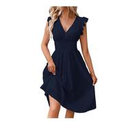 REINNAT Damen Midi-Kleid mit Ösen, Spitze, elegant, Rüschenärmel, Tunika-Kleid, V-Ausschnitt, gesmokt, lang, A-Linie, Urlaub, Party, Club Kleid, navy, Small