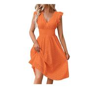 REINNAT Damen Midi-Kleid mit Ösen, Spitze, elegant, Rüschenärmel, Tunika-Kleid, V-Ausschnitt, gesmokt, lang, A-Linie, Urlaub, Party, Club Kleid, Orange, L