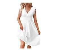 REINNAT Damen Midi-Kleid mit Ösen, Spitze, elegant, Rüschenärmel, Tunika-Kleid, V-Ausschnitt, gesmokt, lang, A-Linie, Urlaub, Party, Club Kleid, weiß, Medium