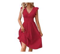 REINNAT Damen Midi-Kleid mit Ösen, Spitze, elegant, Rüschenärmel, Tunika-Kleid, V-Ausschnitt, gesmokt, lang, A-Linie, Urlaub, Party, Club Kleid, rot, Medium