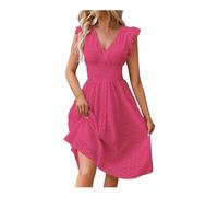 REINNAT Damen Midi-Kleid mit Ösen, Spitze, elegant, Rüschenärmel, Tunika-Kleid, V-Ausschnitt, gesmokt, lang, A-Linie, Urlaub, Party, Club Kleid, rose, Medium
