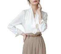 Elegante Satin-Bluse für Damen, lässig, modisch, einfarbig, langärmelig, Wickel-V-Ausschnitt, Bluse, Hemd, Top, Satin-Blusen für Frauen, weiß, M