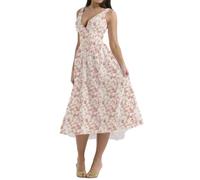 REINNAT Emmelina Baumwoll-Korsett-Sommerkleid, Sommer, V-Ausschnitt, rückenfreies Kleid, Schnürung, fließendes Sommerkleid, Maxikleid, Rote Blumen, M