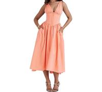 REINNAT Emmelina Baumwoll-Korsett-Sommerkleid, Sommer, V-Ausschnitt, rückenfreies Kleid, Schnürung, fließendes Sommerkleid, Maxikleid, Orange, M