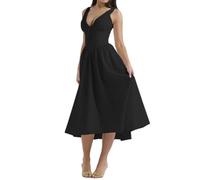 REINNAT Emmelina Baumwoll-Korsett-Sommerkleid, Sommer, V-Ausschnitt, rückenfreies Kleid, Schnürung, fließendes Sommerkleid, Maxikleid, Schwarz , L