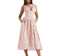 REINNAT Emmelina Baumwoll-Korsett-Sommerkleid, Sommer, V-Ausschnitt, rückenfreies Kleid, Schnürung, fließendes Sommerkleid, Maxikleid, Rosa Blumen, M