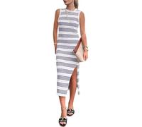 REINNAT Figurbetontes Sommerkleid, lässig, Midi-Sommerkleid, ärmellos, niedlich, ausgestanzt, Seitenschlitz, gestreift, langes Tankkleid, Blau-weiße Streifen, Small