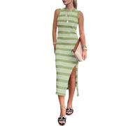 REINNAT Figurbetontes Sommerkleid, lässig, Midi-Sommerkleid, ärmellos, niedlich, ausgestanzt, Seitenschlitz, gestreift, langes Tankkleid, grün, Medium