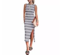 REINNAT Figurbetontes Sommerkleid, lässig, Midi-Sommerkleid, ärmellos, niedlich, ausgestanzt, Seitenschlitz, gestreift, langes Tankkleid, grau, Small
