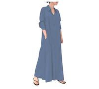 REINNAT Frühlingskleider für Damen 2024, Baumwoll-Leinen-Hemdkleid, langärmelig, lässig, lockere Maxikleider mit Taschen, Hellblau, X-Large