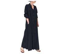 REINNAT Frühlingskleider für Damen 2024, Baumwoll-Leinen-Hemdkleid, langärmelig, lässig, lockere Maxikleider mit Taschen, dunkelblau, Medium