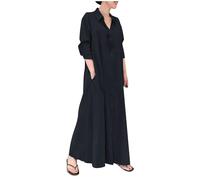 REINNAT Frühlingskleider für Damen 2024, Baumwoll-Leinen-Hemdkleid, langärmelig, lässig, lockere Maxikleider mit Taschen, Schwarz , L