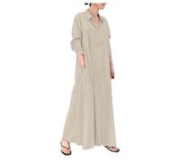 REINNAT Frühlingskleider für Damen 2024, Baumwoll-Leinen-Hemdkleid, langärmelig, lässig, lockere Maxikleider mit Taschen, beige, Small