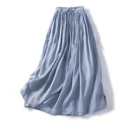 REINNAT Leinen-Midirock, Damen, Bohemian-Stil, Baumwolle, Leinen, doppellagig, elastische Taille, langer Maxirock, hohe Taille, halber Körperrock, blau, 44
