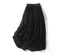 REINNAT Leinen-Midirock, Damen, Bohemian-Stil, Baumwolle, Leinen, doppellagig, elastische Taille, langer Maxirock, hohe Taille, halber Körperrock, Schwarz , 44