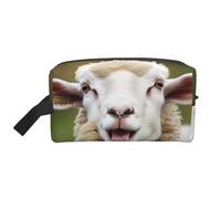 Reise-Kulturbeutel für Damen und Herren, Leder, Make-up-Tasche, groß, tragbar, Reise-Organizer, lustig, freche Schafzunge, niedliches Tier-Kosmetiktasche mit Haken zum Aufhängen,