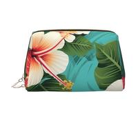 Reise-Make-up-Tasche, wasserdichte Make-up-Tasche für Geldbörse, Leder-Kulturbeutel für Damen, Kosmetiktasche, Organizer, Hawaii-Blumen auf grünem Hintergrund, Make-up-Tasche mit Reißverschluss