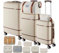 tectake® 13-TLG. Koffer Set mit Reisetasche, Koffer & Trolleys, Reisekoffer mit Rollen, Kofferset mit 3X Koffer groß und Tasche, Hartschalenkoffer mit TSA Schloss - Creme