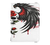 Reisepass- und Impfkarten-Brieftasche, Totenkopf-Rosenflügel, Gothic-Tattoo, Leder, Reisedokumente, Organizer, Schutz, Reisepasshülle mit RFID-Blockierung, für Reisen, unverzichtbar, wasserdicht