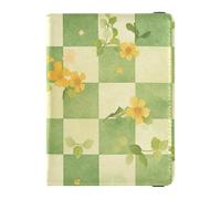 Reisepass- und Impfkarten-Etui aus Leder, Grün / Gelb / Blumen, kariert, Kombi, Reisepasshülle, Reisepasshülle, Kombination mit Impfkarten-Schlitz, für Damen und Herren, wasserdicht