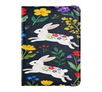 Reisepass- und Impfkartenhalter aus schwarzem Leder mit Blumenmuster und weißem Kaninchenmuster auf schwarzem Leder, Reisepasshülle, Reisepasshülle, Kombination mit Impfkartenfach, für Damen und