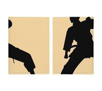Reisepasshülle aus Leder, Reisepasshülle, blau, Hibiskusblume, bedruckt, Reisepassbuch für Dokumente, Reisegeschenke, Karate Herren-Silhouette, 20.3x13.8cm