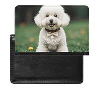 Reisepasshülle aus Leder, weiße Blüten, blaue Schmetterlinge, Reisedokumenten-Halter, Reiseutensilien, für Damen und Herren, Bichon Frisé Hund auf dem Gras, Einheitsgröße